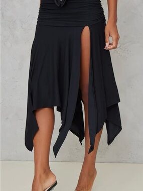 PrettyLittleThing Black Soft Touch Ruched Asymmetrical MidiSkirt